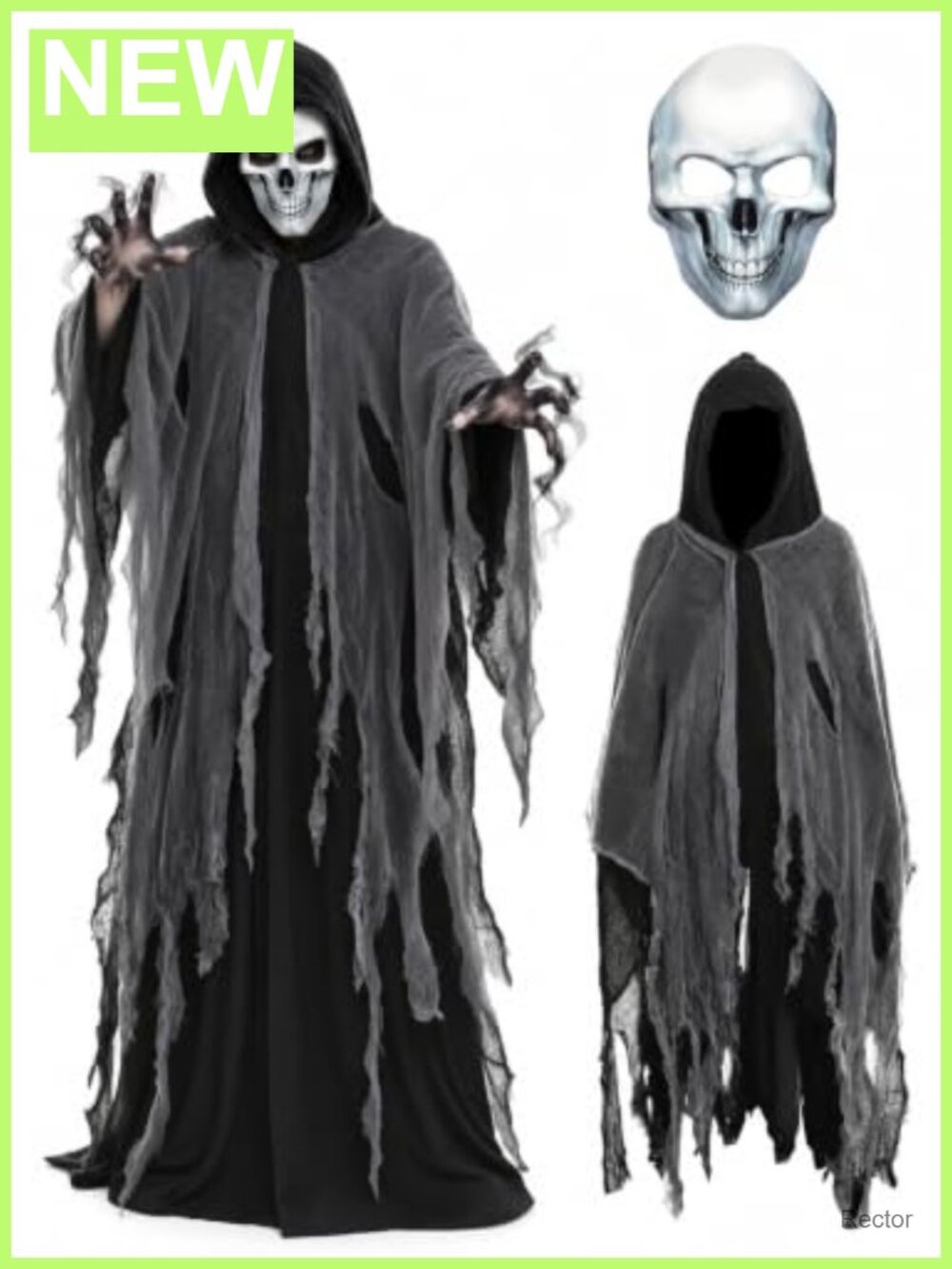 Grim Reaper Halloween Costume Adult Hooded Robe Skull Mask Latex Cosplay